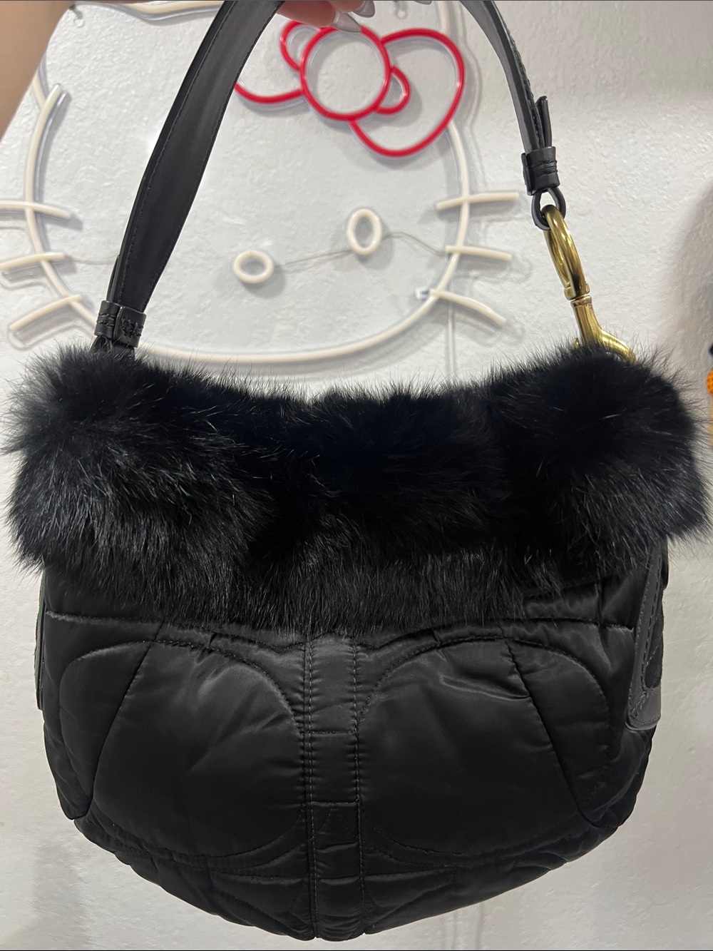 Coach 2005 Rabbit Fur Quilted Satin Shoulder Bag VINTAGE